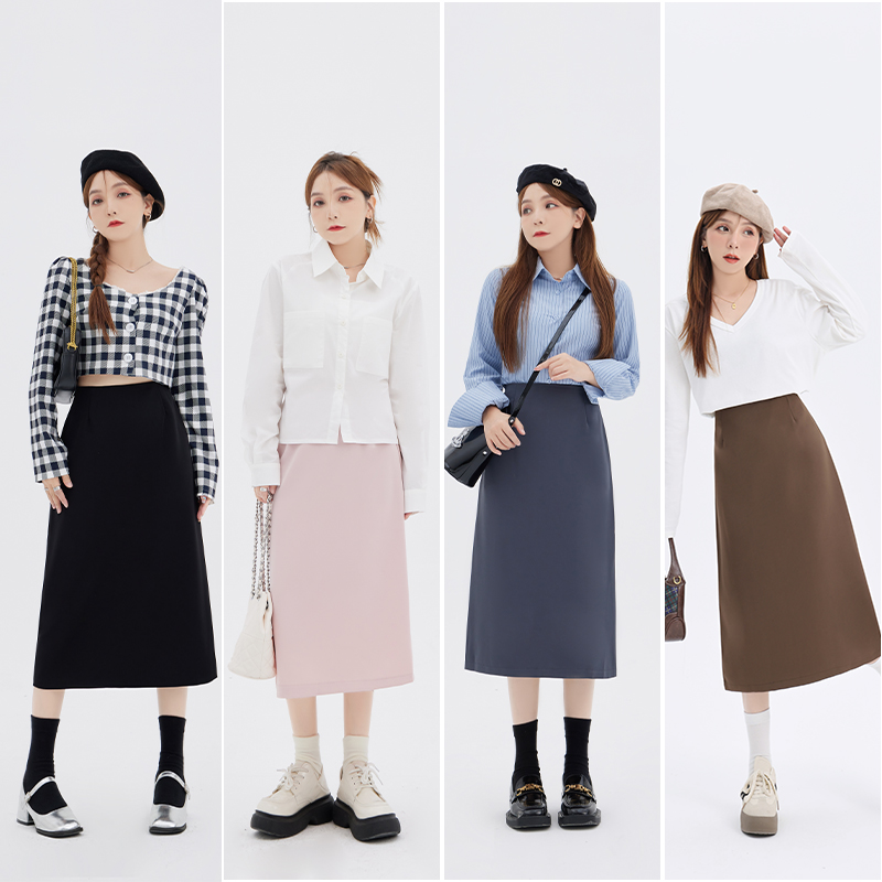 【涵胖胖】清  秋季基础款纯色百搭显瘦设计感后开叉半身裙 0272