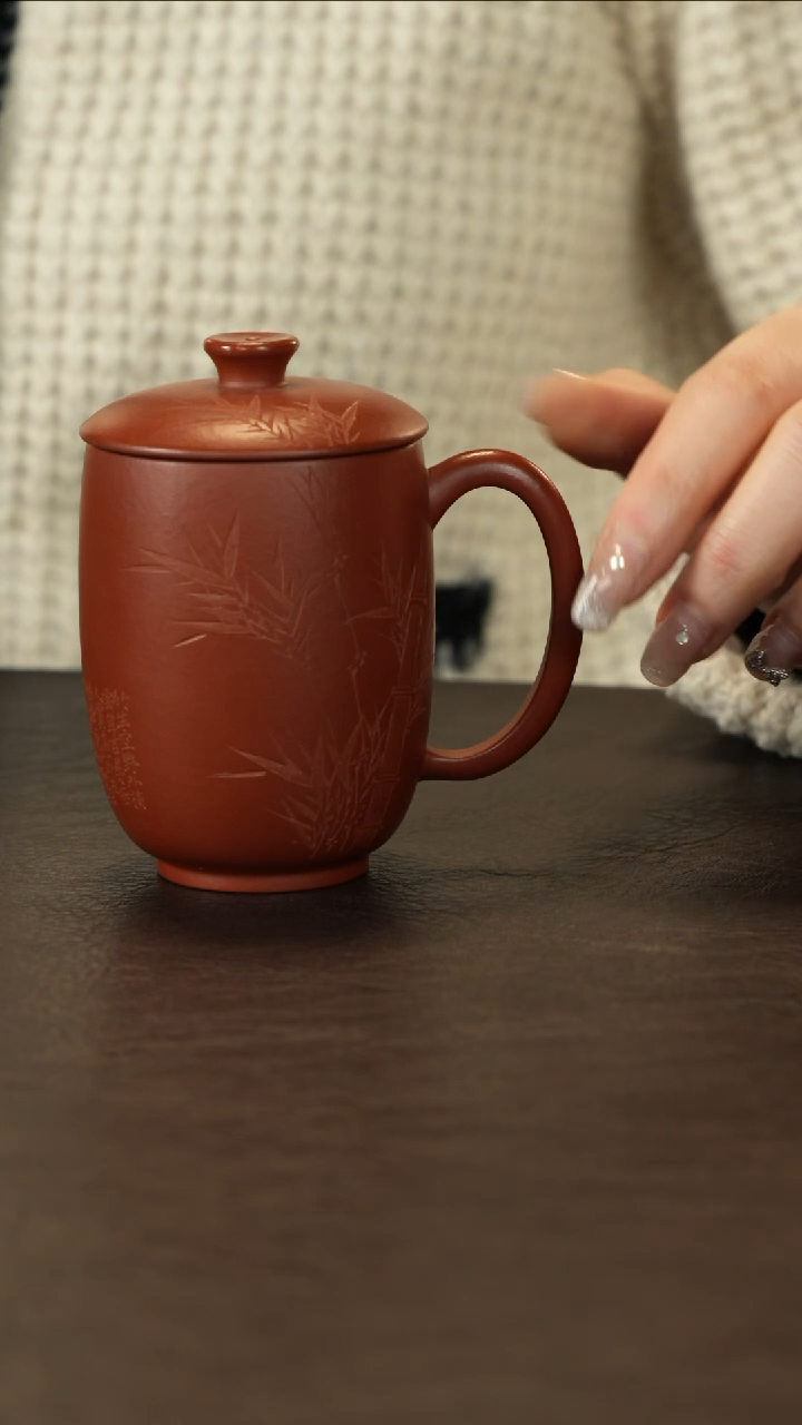 【闪购商品】紫砂茶杯直播福利李建军朱泥盖杯刻竹