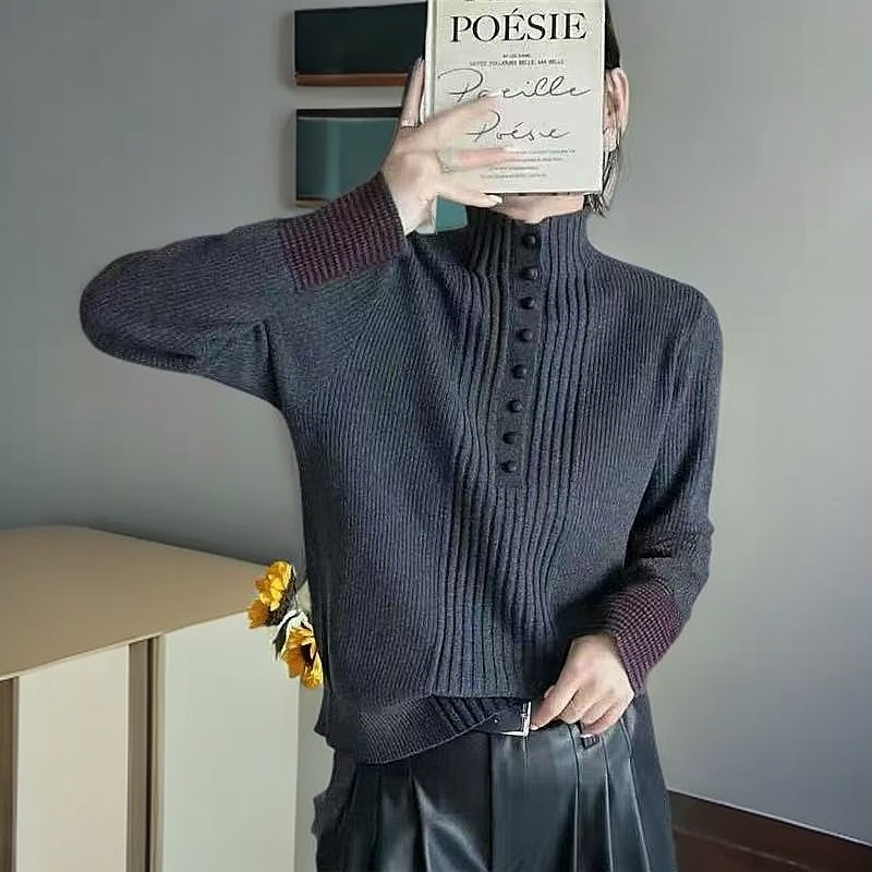 25款糯米绒半高领拼接条纹薄款毛针织衫上衣衫打底衫