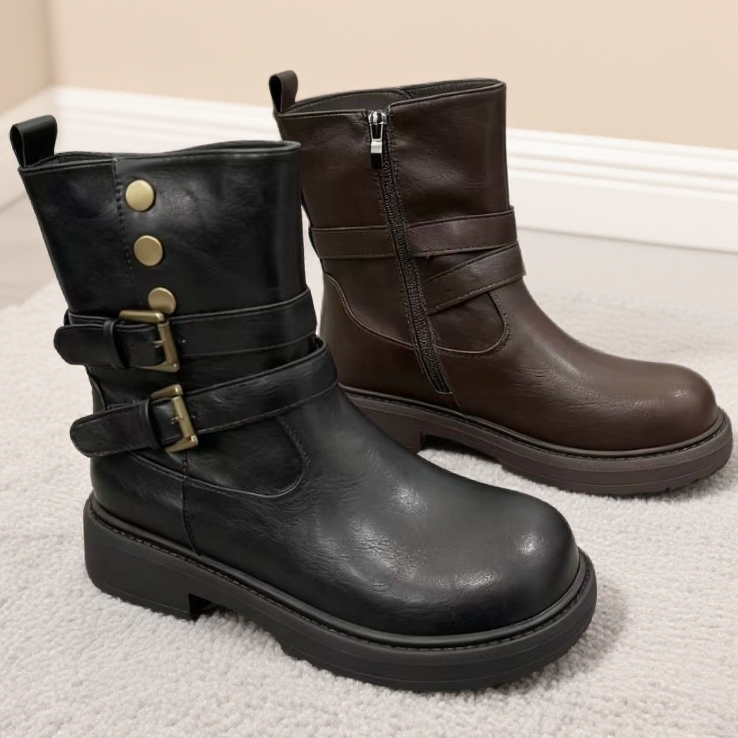 秋冬黑色通勤靴子森系加绒中筒女靴马丁靴圆头时尚百搭筒靴5128-1