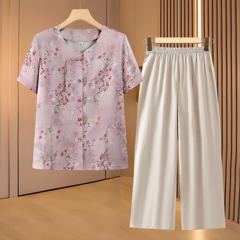 中老年人女装夏奶奶薄款短袖衬衫圆领上衣套装70多岁80老太太衣服