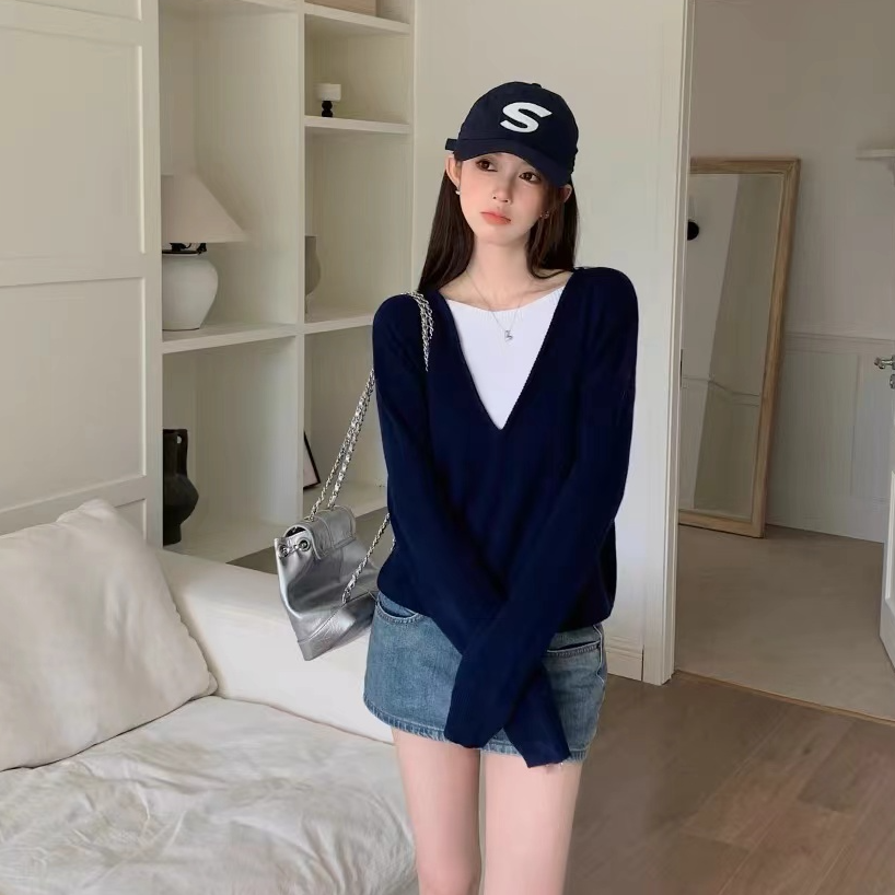 #2韩版新款假两件v领套头毛衣针织衫女春慵懒风拼接百搭休闲打底