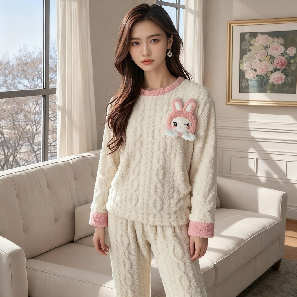 珊瑚绒睡衣女童秋冬季甜美舒适女款卡通厚款套装加绒家居服可外穿