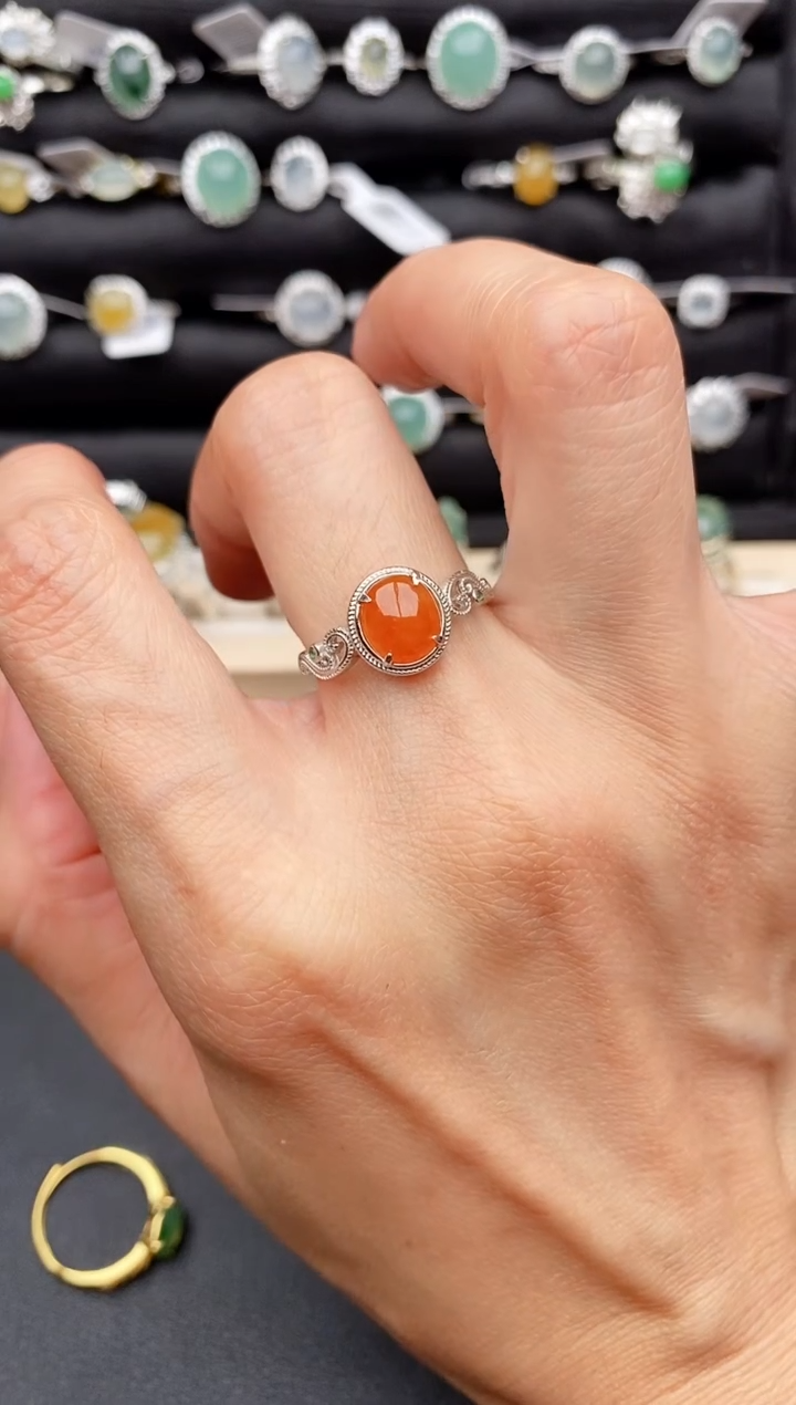 【闪购商品】翡翠戒指银S925镶嵌缅甸天然A货翡翠111   5-6