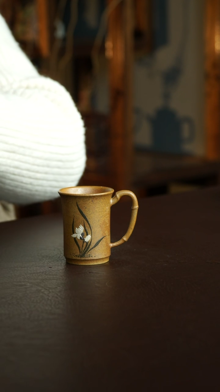 茶杯紫砂8号 柴烧兰花把杯 宜兴紫砂原矿作品