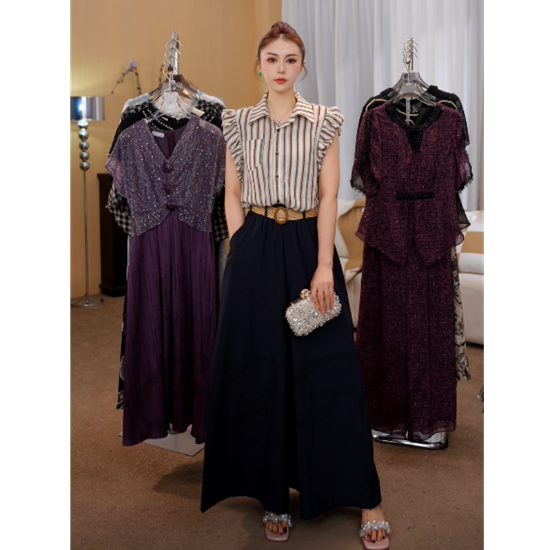 G6816时尚套装女夏新款显瘦翻领条纹无袖衬衫休闲阔腿裤两件套