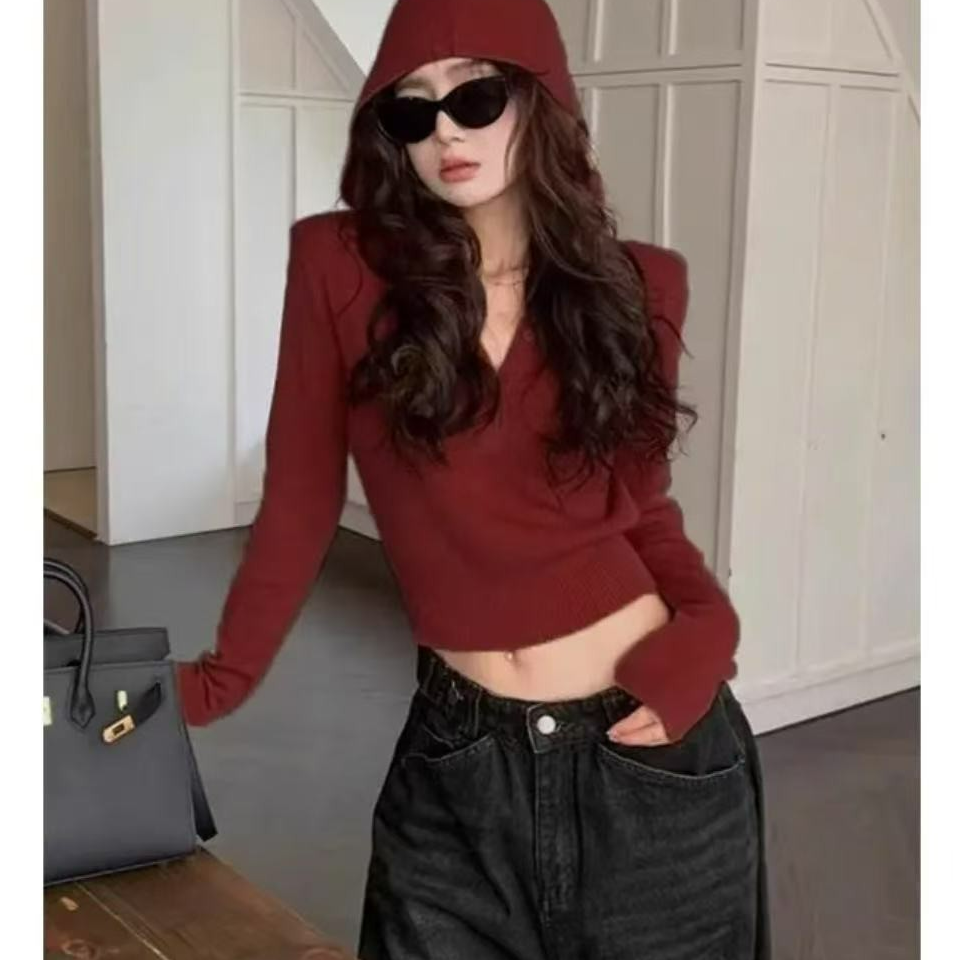 美式辣妹橘色连帽针织衫打底秋季设计修身收腰长袖毛衣短款上衣