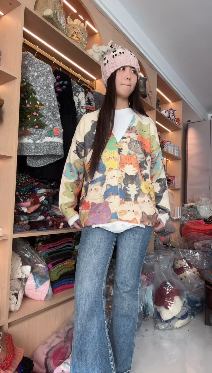 小猫马海毛开衫毛衣