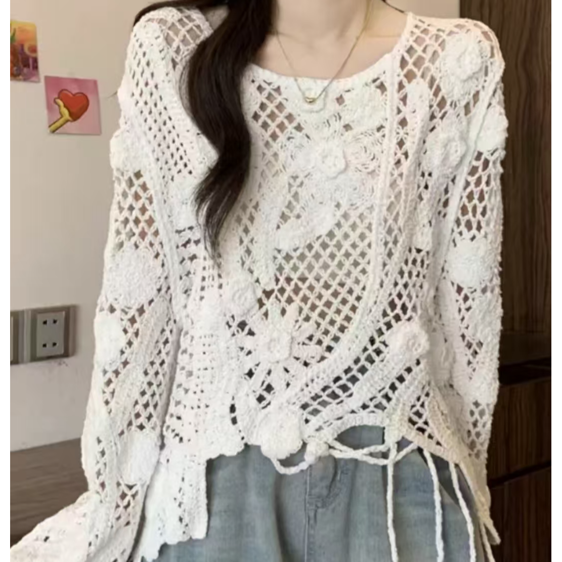 韩丝妍2025新款舒适百搭白色镂空长袖针织衫韩丝姸工厂店