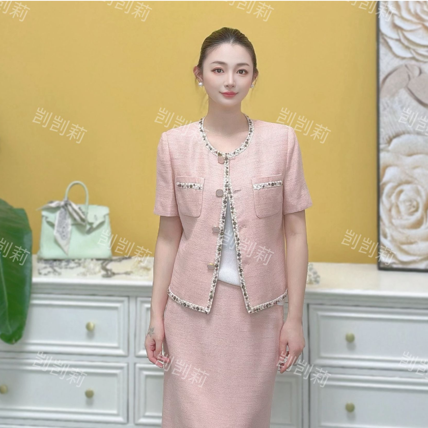 剀剀莉（半夏）夏季人丝亚麻棉时尚质显白显瘦粉色小香风外套三件套