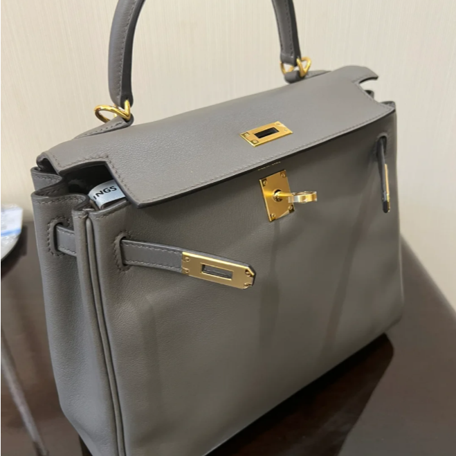 95新 Hermes/爱马仕 小花Jerry Kelly 25锡器灰 Swift皮Y刻单肩包
