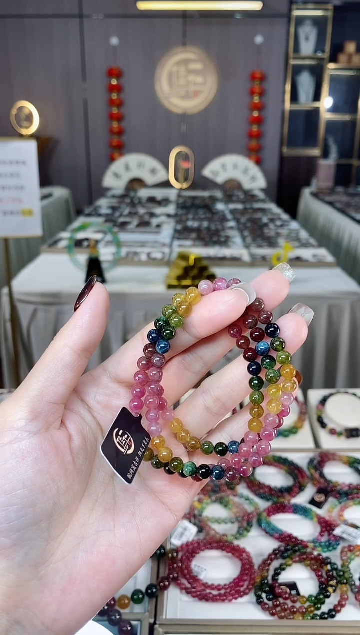 未镶嵌老矿碧玺色标彩虹三圈手串5mm+碧玺dan多样性发货一条
