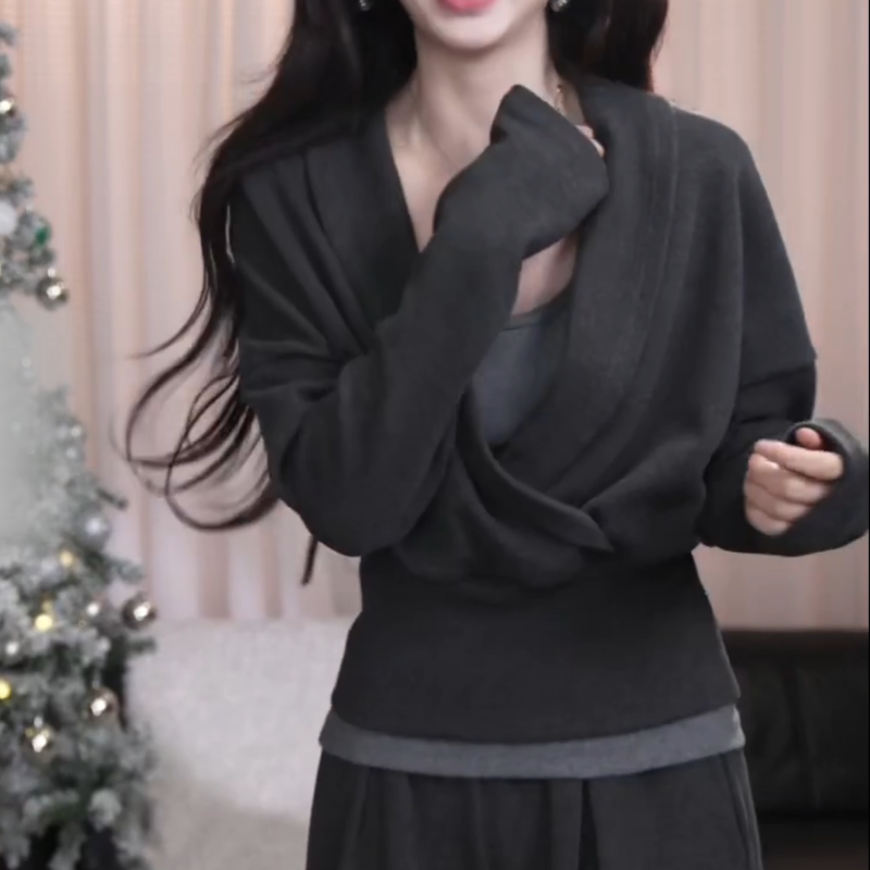 【灰色手稿T恤】秋冬新款法式V领休闲收腰百搭时尚T恤LK2508890