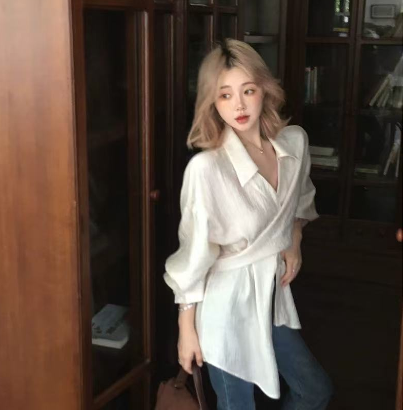 纯欲大码胖mm女装绕腰系扣迪拜皱宽松盖屁股显瘦气质衬衫 