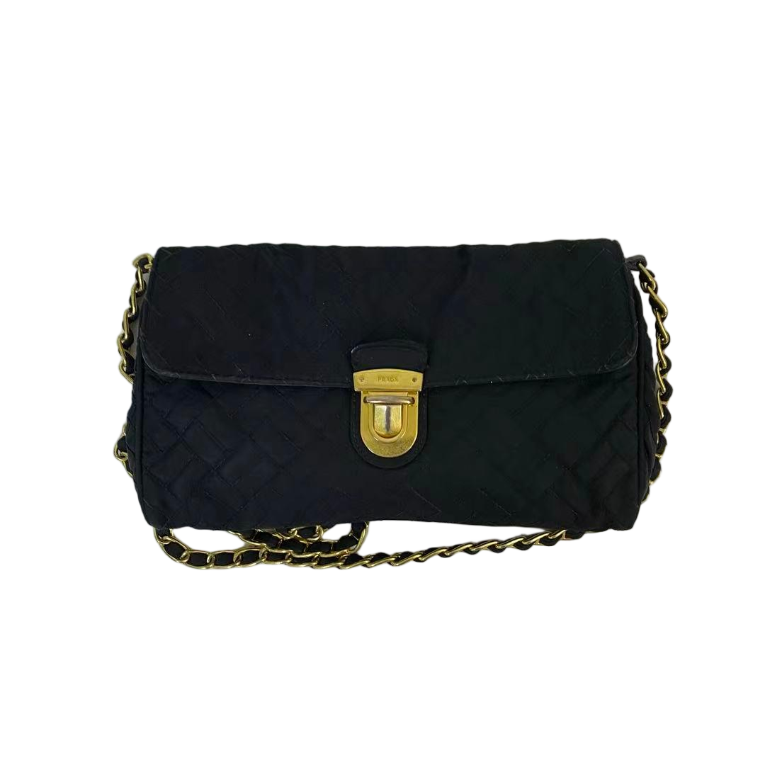 95新 Prada/普拉达 黑色尼龙拼皮单肩斜挎链条包   Y-51065