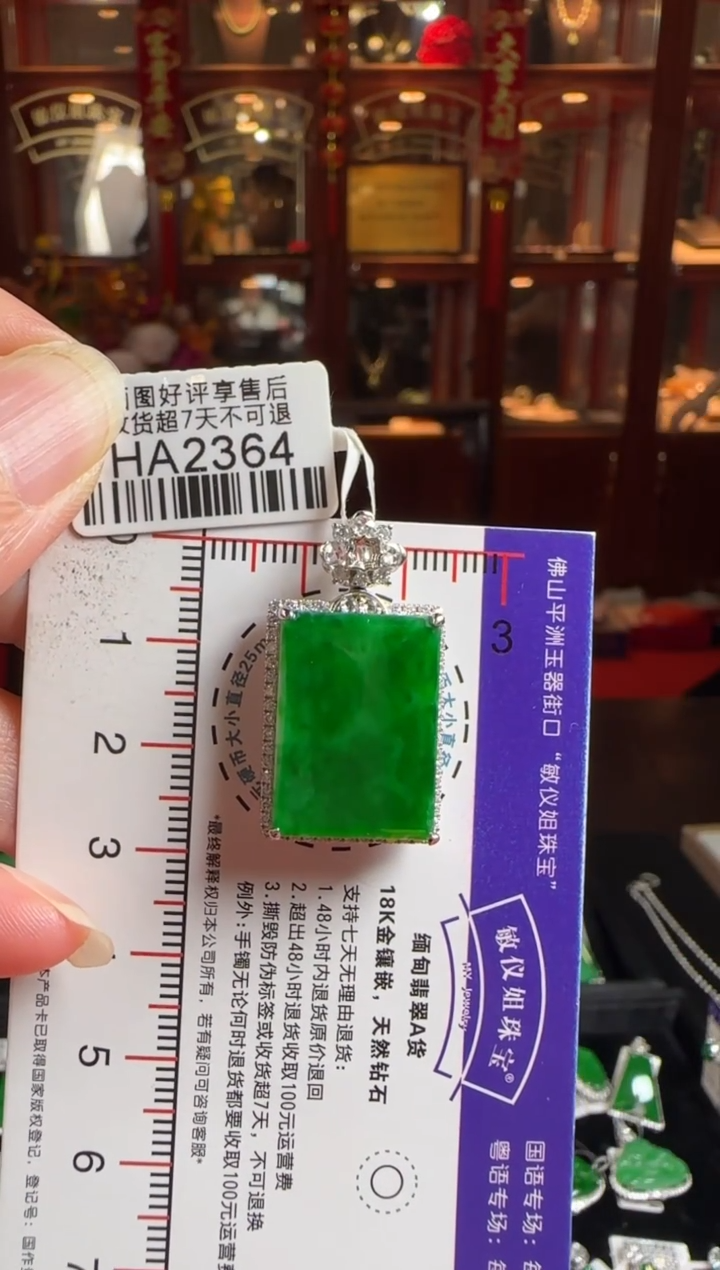 颈饰18K金镶嵌翡翠HA2364冰辣绿无事牌