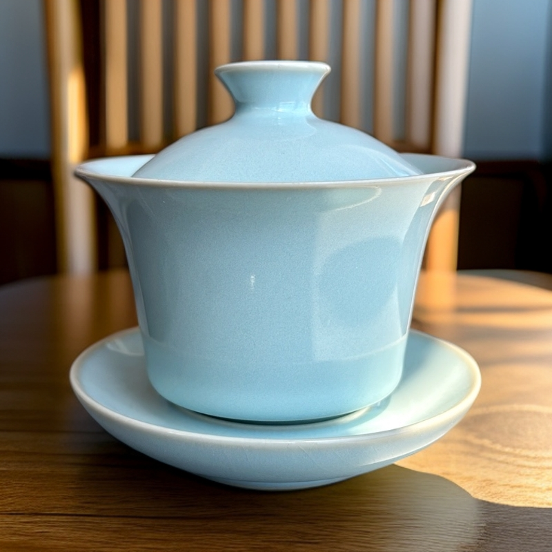 【念恩宠粉】汝州汝瓷三才盖碗茶杯陶瓷中式天青色手工汝窑茶具茶碗