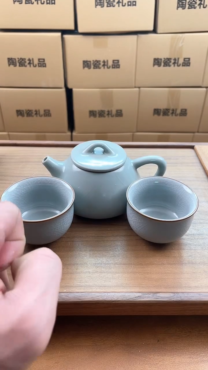 【闪购商品】瓷片汝窑石瓢壶带两禅定杯带壶绳