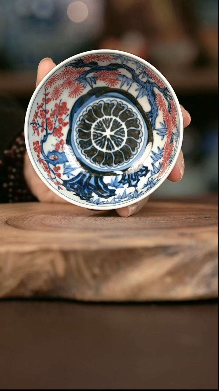 手绘 高温现代瓷  气窑  松竹梅 普洱杯100c