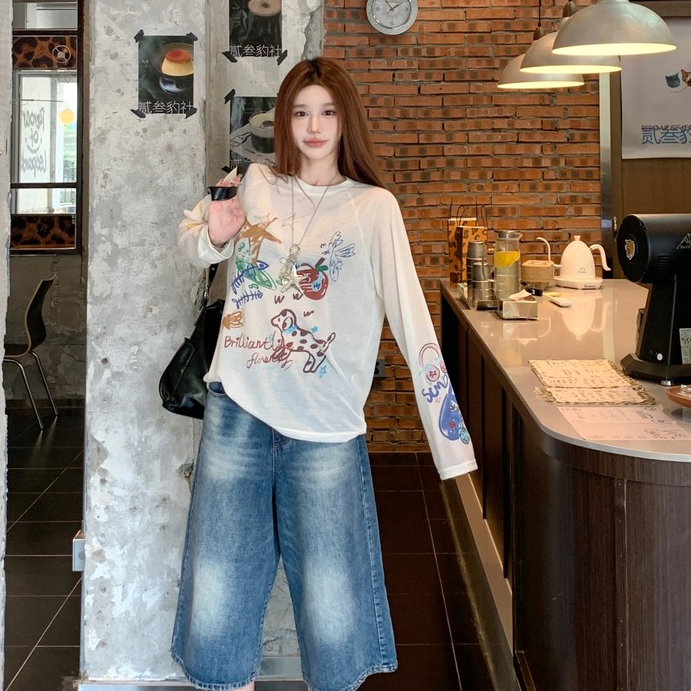美式复古涂鸦印花T恤长袖防晒罩衫女夏季设计感独特漂亮小衫女装