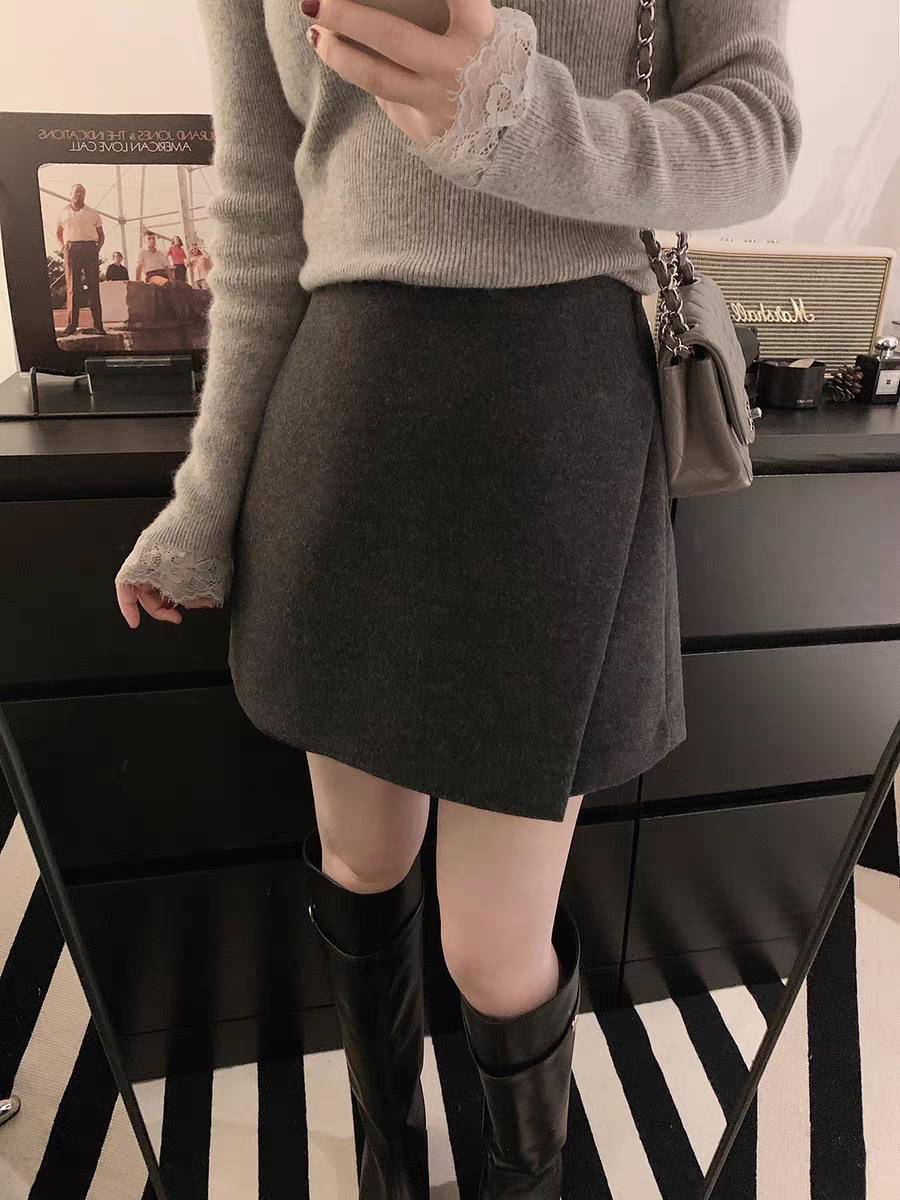 2025秋冬季加厚开叉毛呢半身裙防走光简约高腰短款A字包臀裙裤女