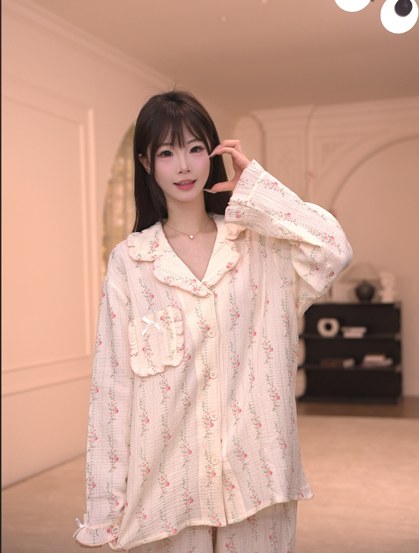 VINEEMAN【蔷薇流苏】长裤不褪色女长袖睡衣家居服套装套装透气宽松