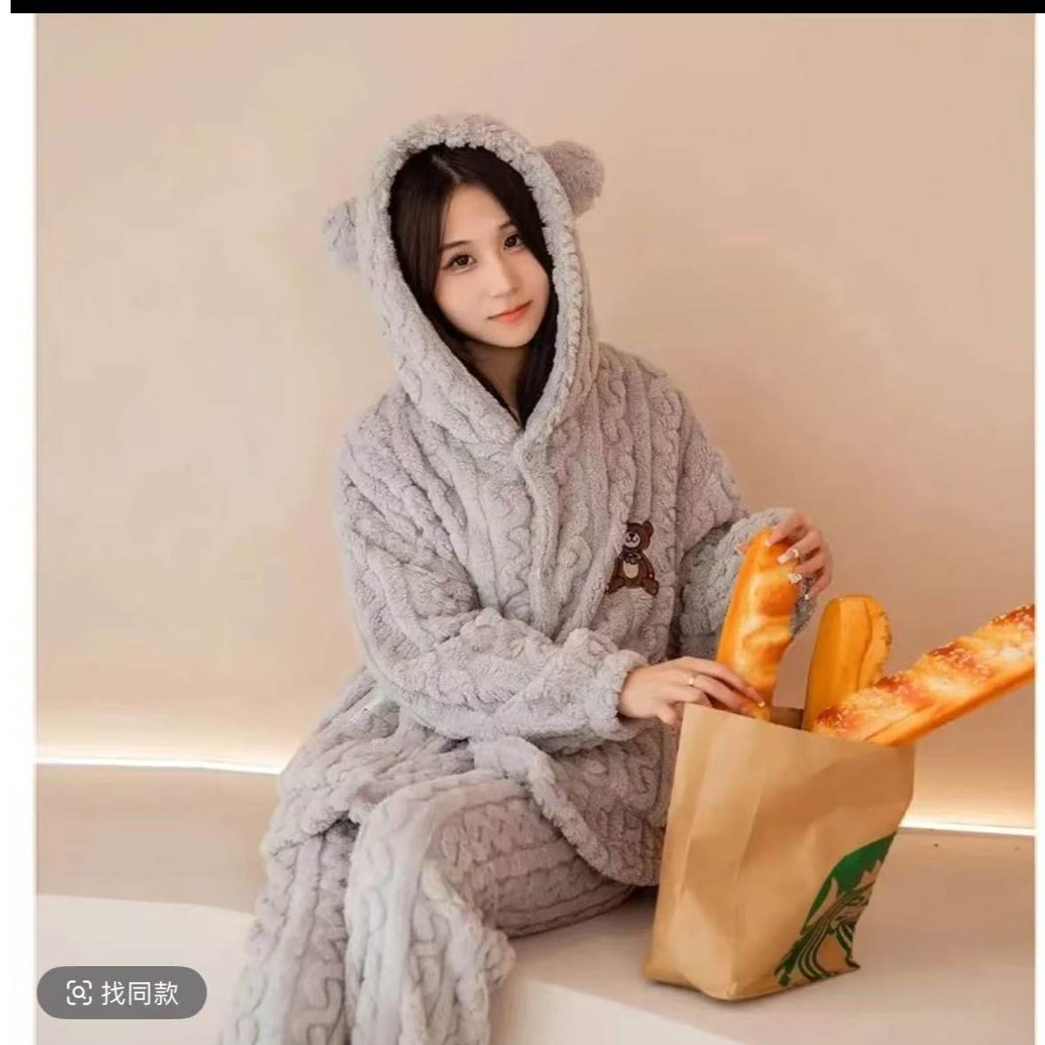 HJY009男女同款睡衣秋冬款加厚加绒法兰绒网红开衫家居服套装T3