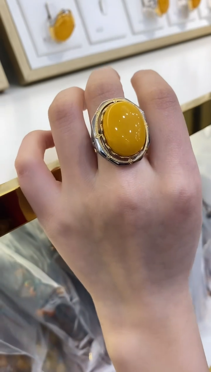 【闪购商品】琥珀裸石银S925镶嵌戒指