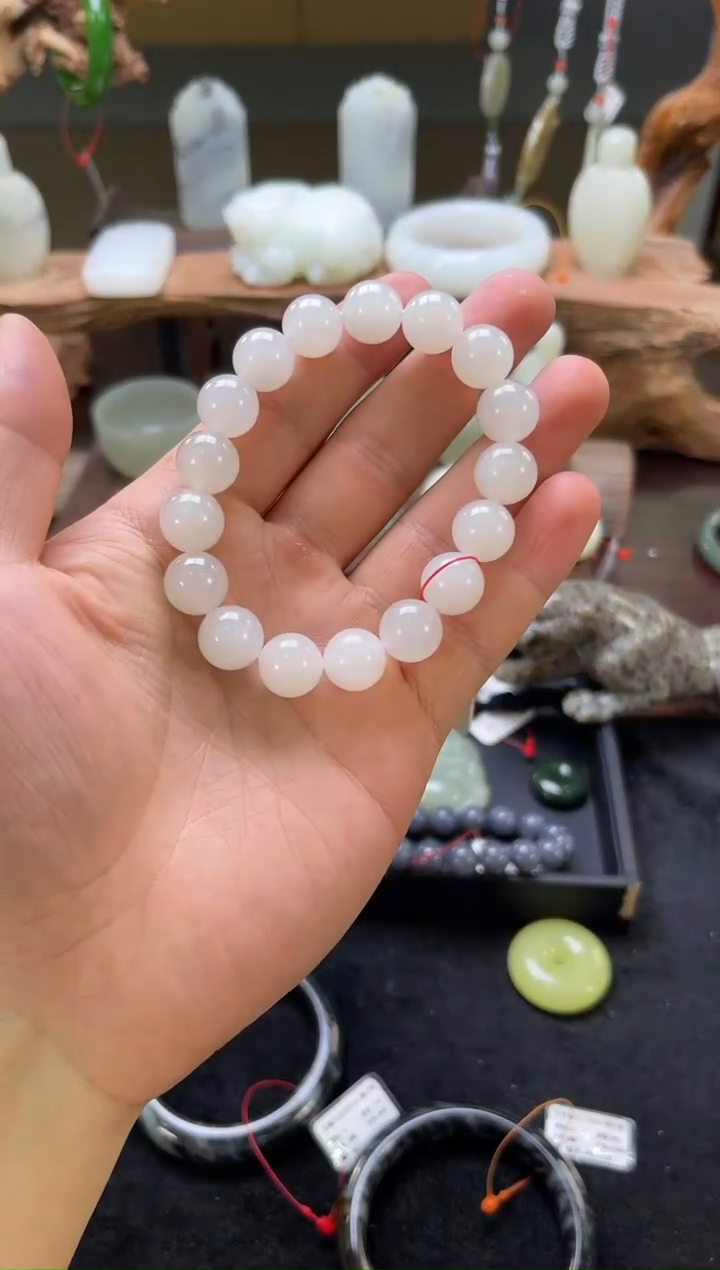 【闪购商品】和田玉手串未镶嵌卡12青海白玉 圆珠 9002369