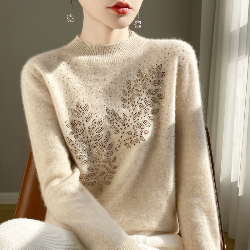 【100%澳洲羊毛衫】树叶烫钻半高领高端女装毛衣秋冬套头打底针织衫