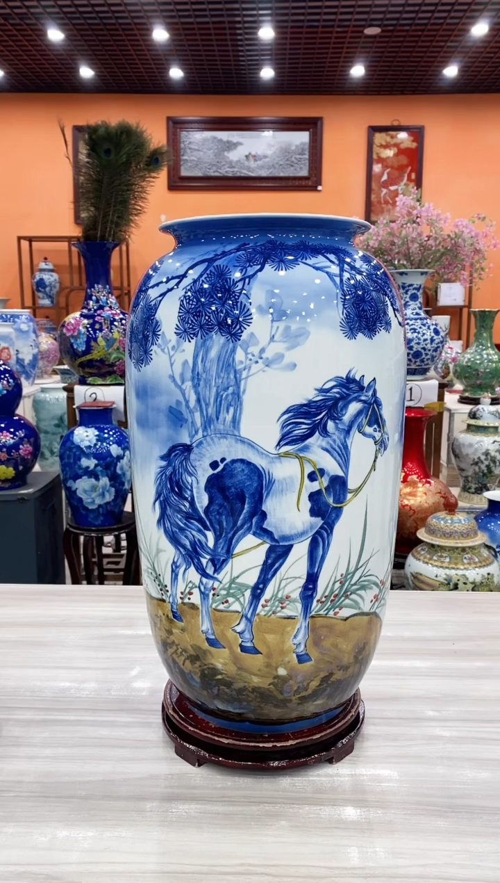 摆件啸鹏《马到成功》冬瓜瓶+旋转底座+证书