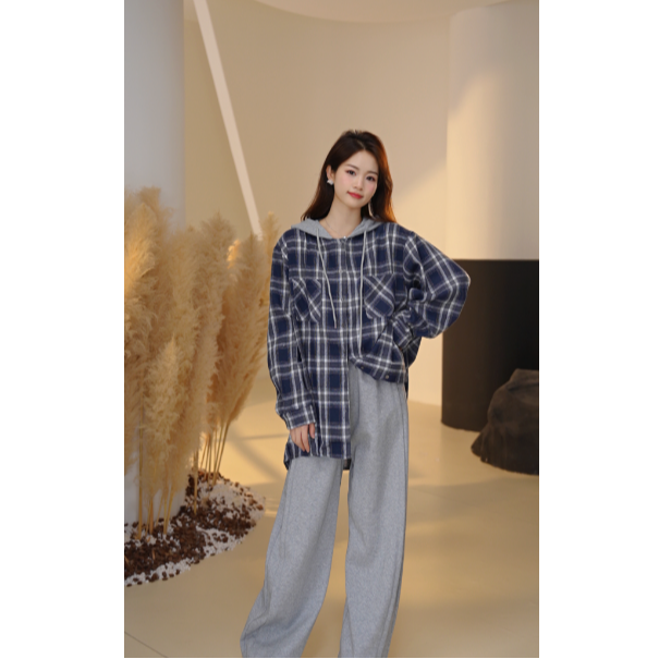 La Chapelle/拉夏贝尔假两件连帽格子格纹衬衫美式宽松慵懒两件套