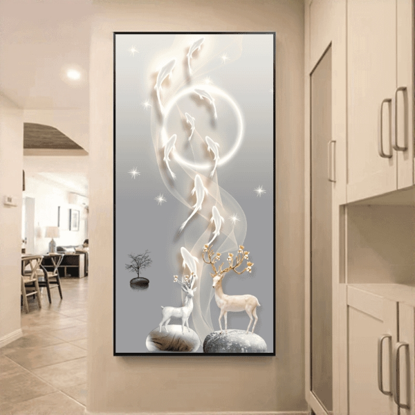 【九鱼糜鹿】客厅墙壁壁画用品晶瓷正版镶钻挂画装饰画玄关装饰画