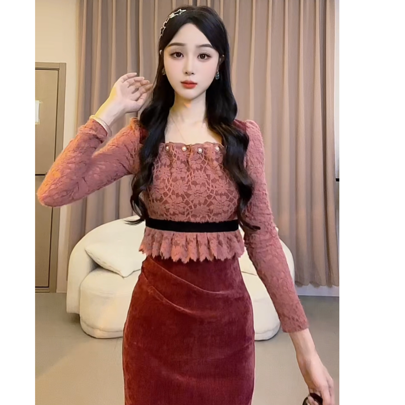 【蛋蛋】秋冬轻奢复古鱼尾摆收腰显瘦连衣裙YYMYF53754