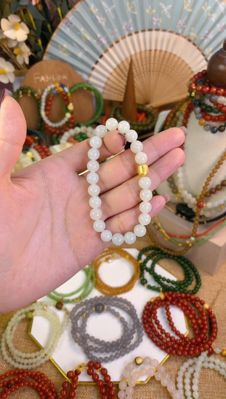 【闪购商品】和田玉手串18K金镶嵌白玉