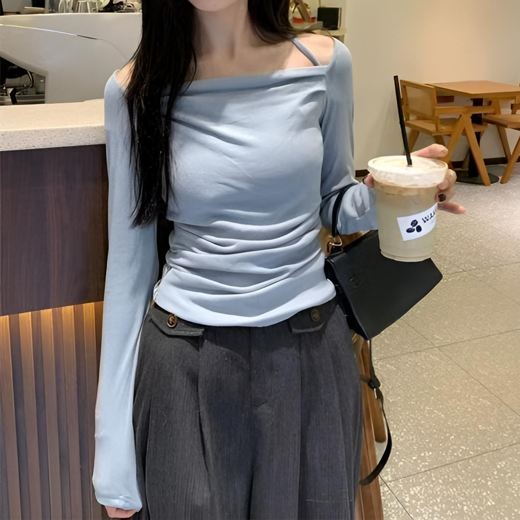 荡领挂脖露锁骨长袖T恤女春秋季甜美风修身内搭短款纯欲百搭上衣 