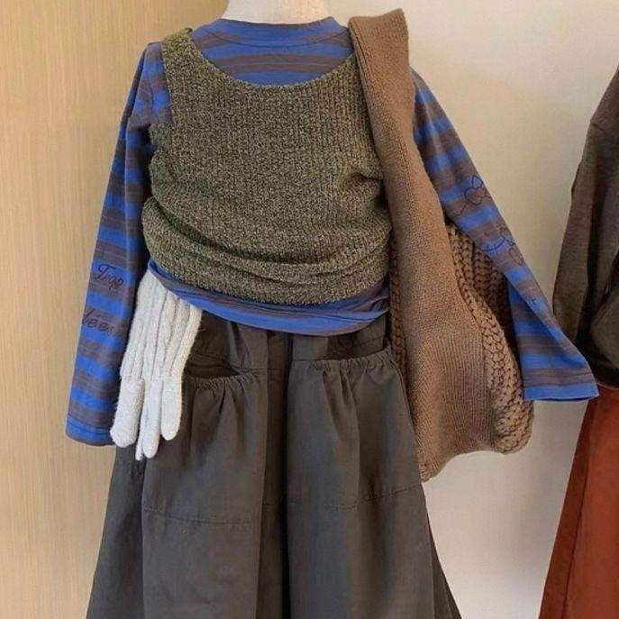 童装女童套装秋装2025新款时尚女孩叠穿针织马甲条纹打底衫阔腿裤