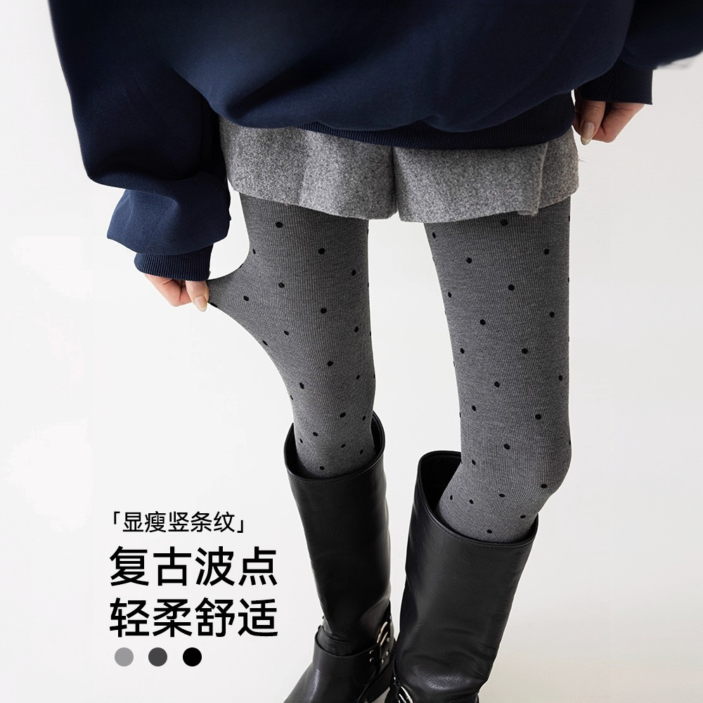 复古波点灰色连裤袜女秋冬厚款圆点提花打底袜子外穿打底裤加绒
