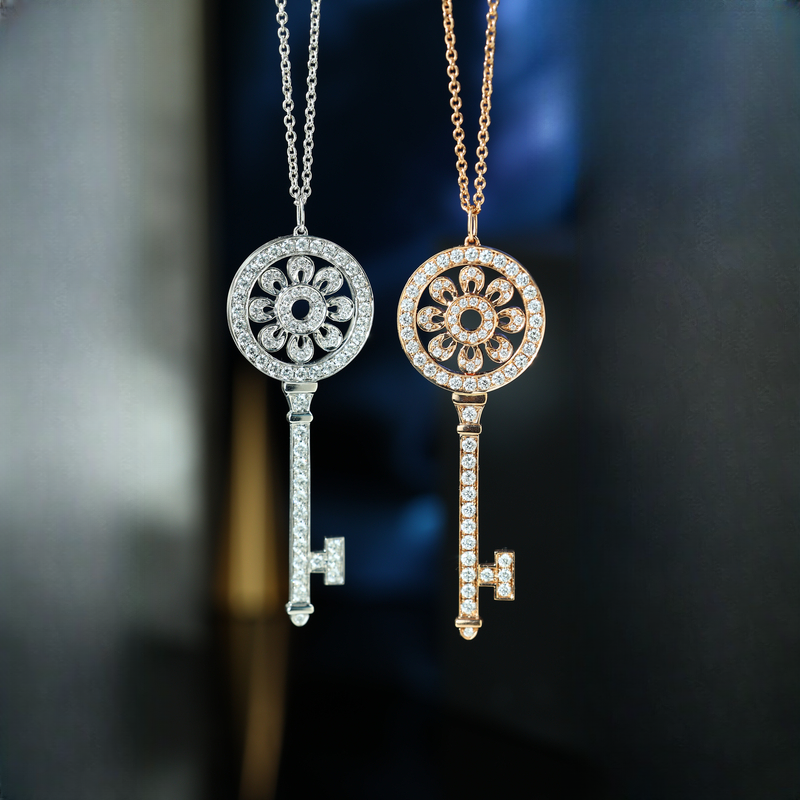 18K金满钻太阳花钥匙项链 CZ (定制品质48小时鉴赏期)
