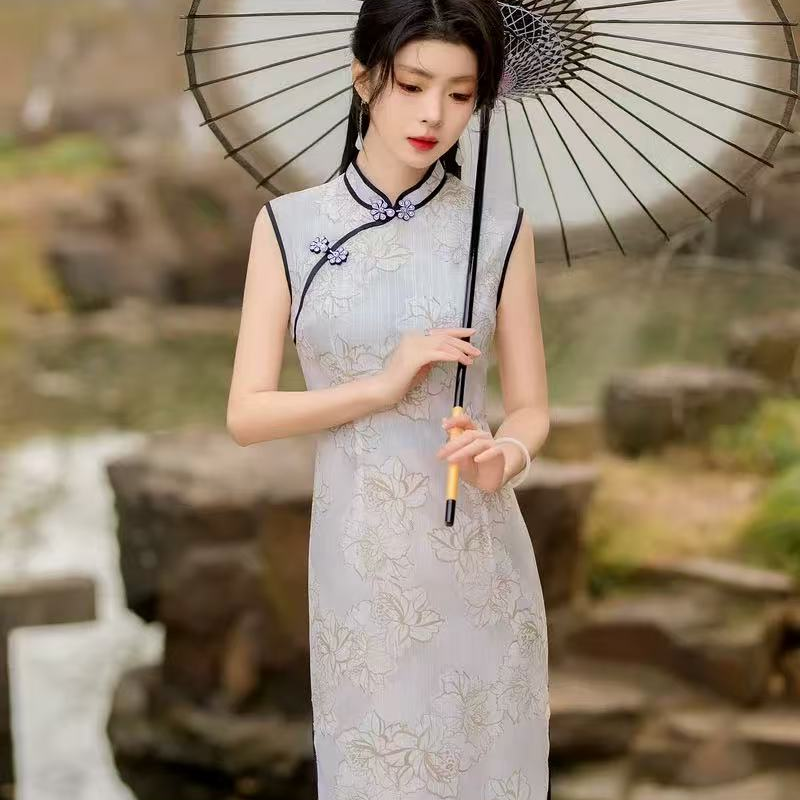 恬子梦 T786 夏季新款 灰塘  裙长110  无袖旗袍