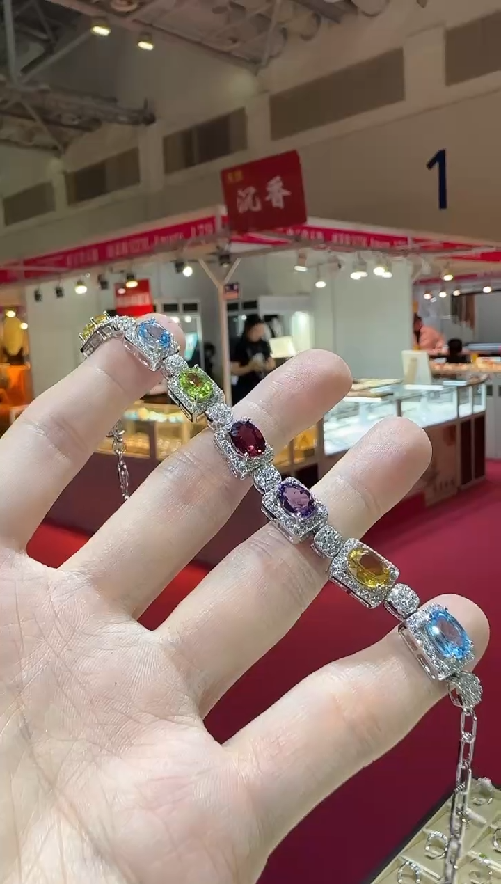 银S925镶嵌托帕石手链9*7mm多彩宝石手链