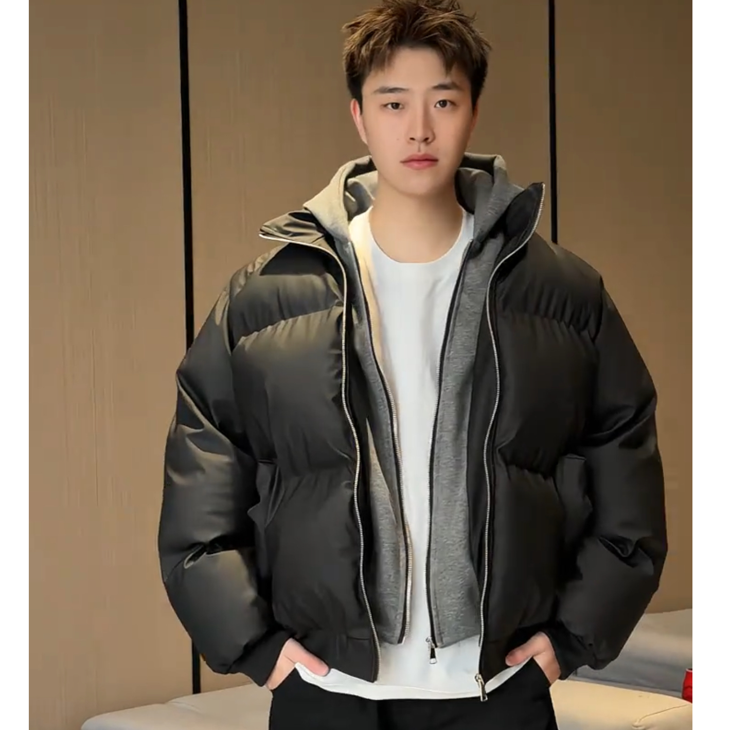 SenD潮牌【软皮假两件】情侣冬季连帽双拉链棉服/重磅时尚保暖棉袄