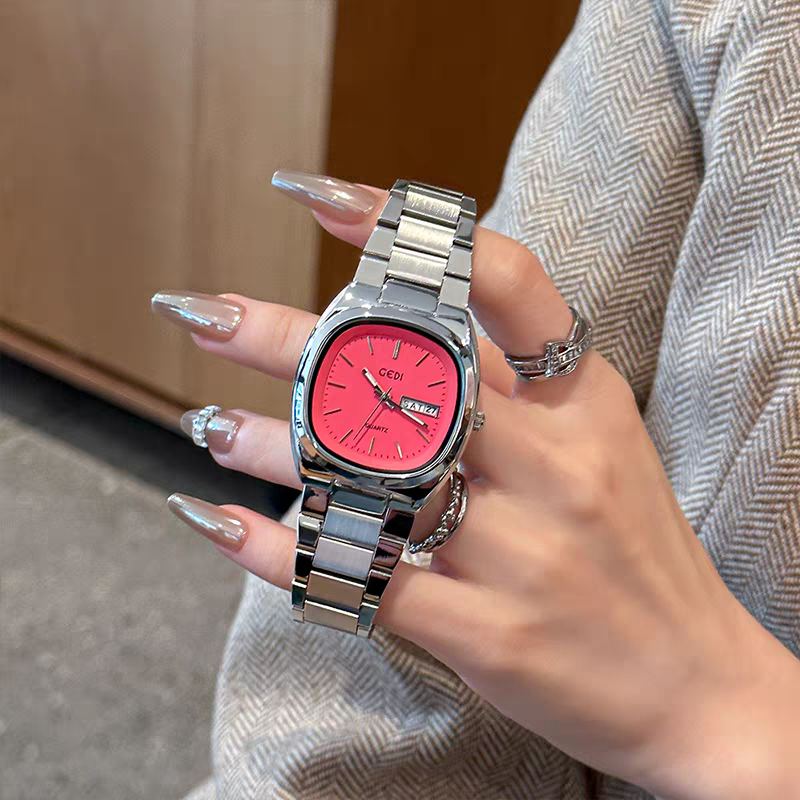 歌迪简约双历女表高颜值实心钢防水腕表女士小众椭圆石英手表
