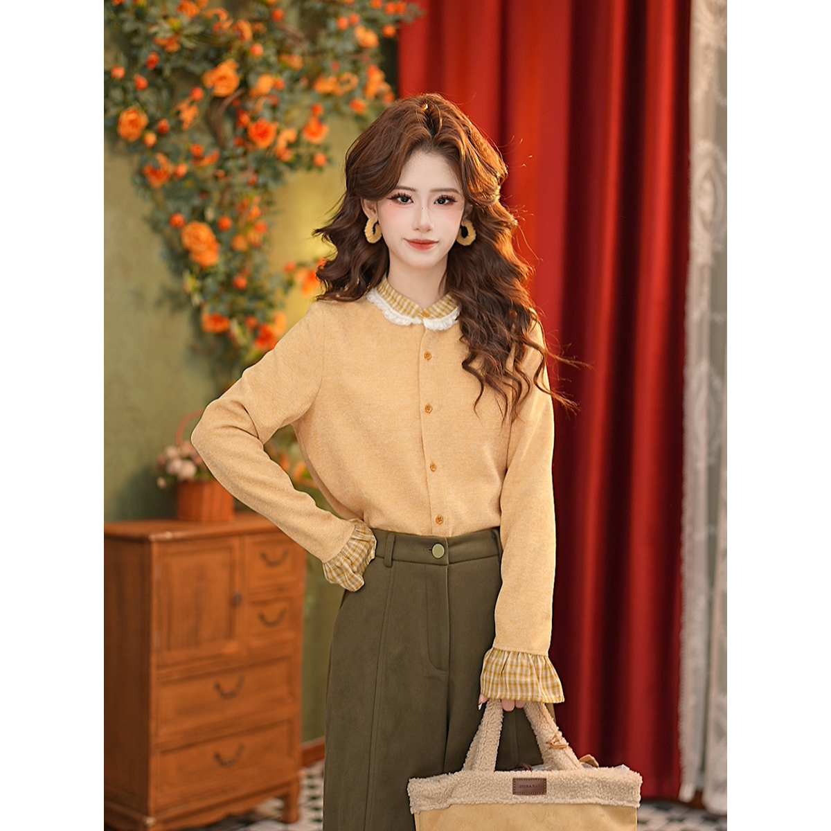 DaYuanSAD【谷玉】张嘉圆蕾丝领假两件衬衣上衣叠穿长袖衬衫#L15122