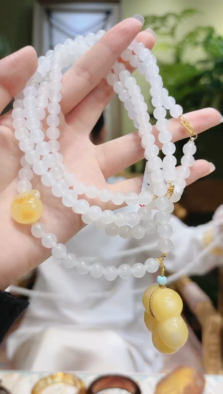 【闪购商品】蜜蜡裸石18K金镶嵌蜜蜡花和田玉斜挎2号