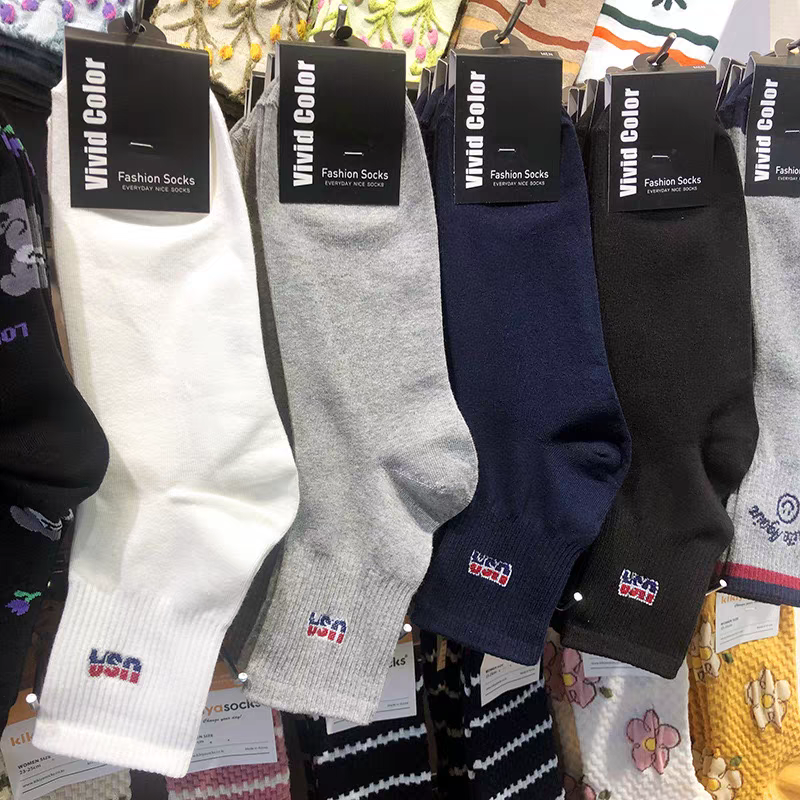 新款中筒男棉袜通勤简约字母USA高帮vividcolor韩国袜子