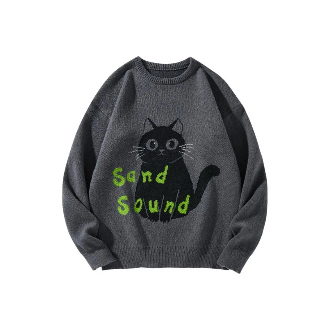 时尚潮流小猫图案创意个性设计慵懒风圆领针织毛衣2410