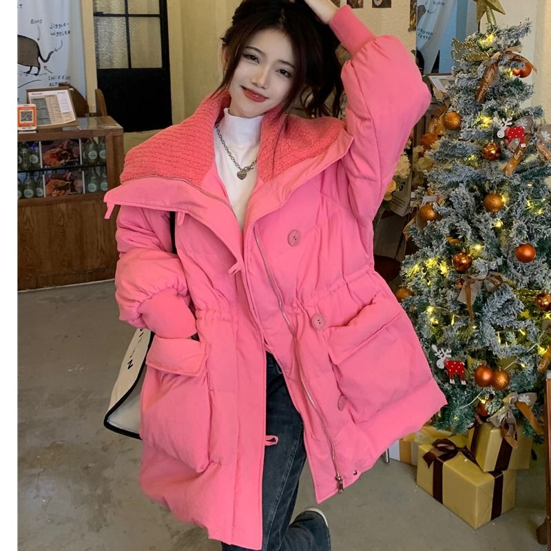 粉色冬季收腰显瘦设计感洋气大翻领加厚保暖棉服外套女宽松面包服