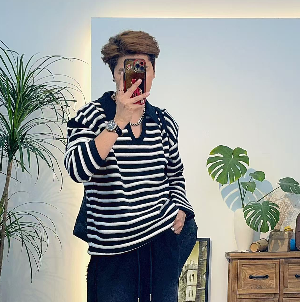 时尚个性休闲冬季加厚清新阔版经典条纹V领毛衣25066