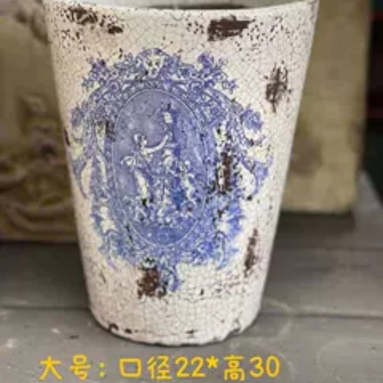 手压红陶粗陶青花天使做旧花盆适用于别墅庭院露台花园